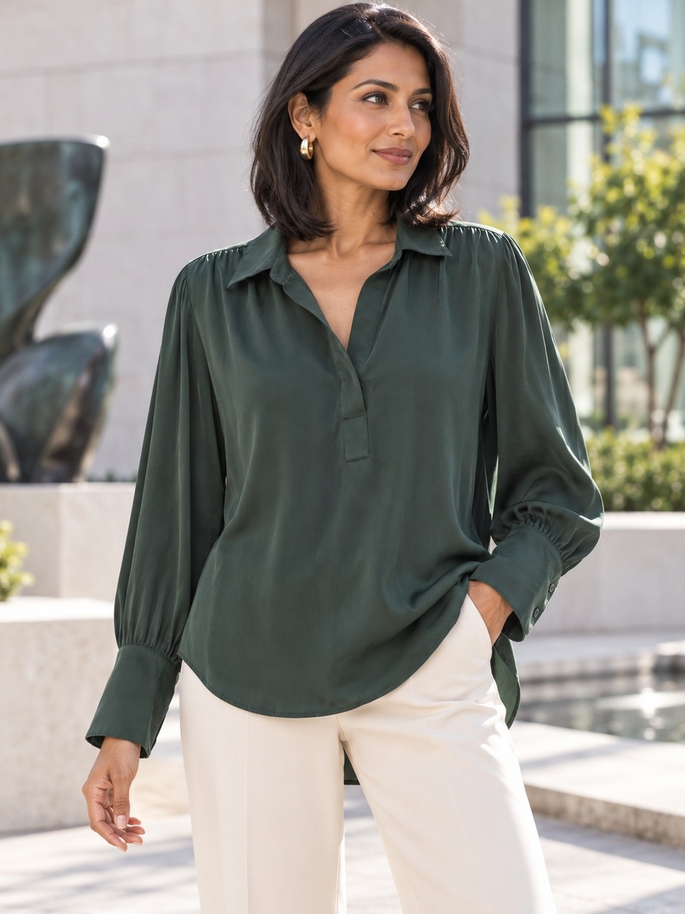 Quince Washable Stretch Silk Split Neck Blouse Forest Green M